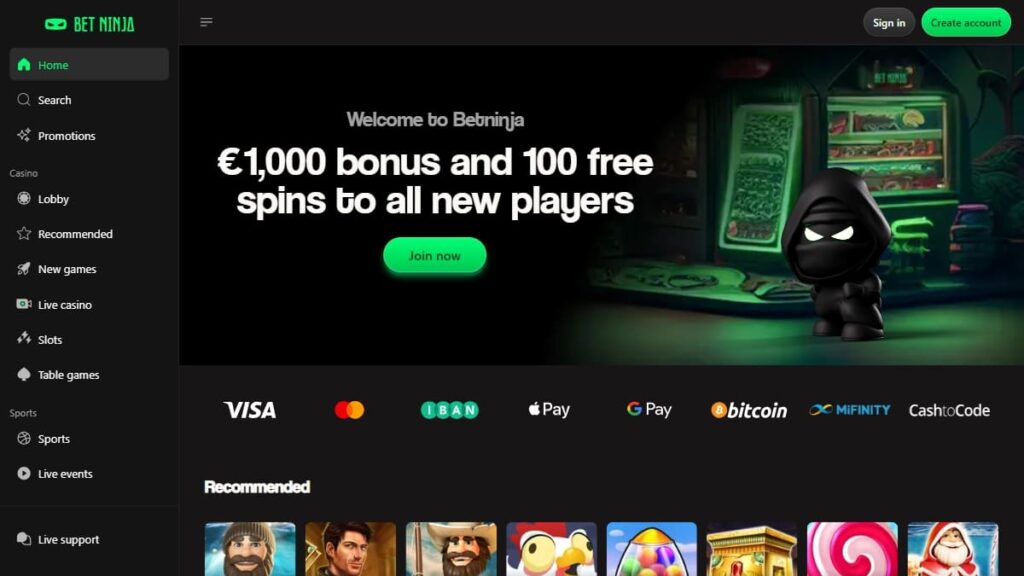 screenshot van BetNinja – online casino Nederland zonder cruks startpagina met welkomstbonus